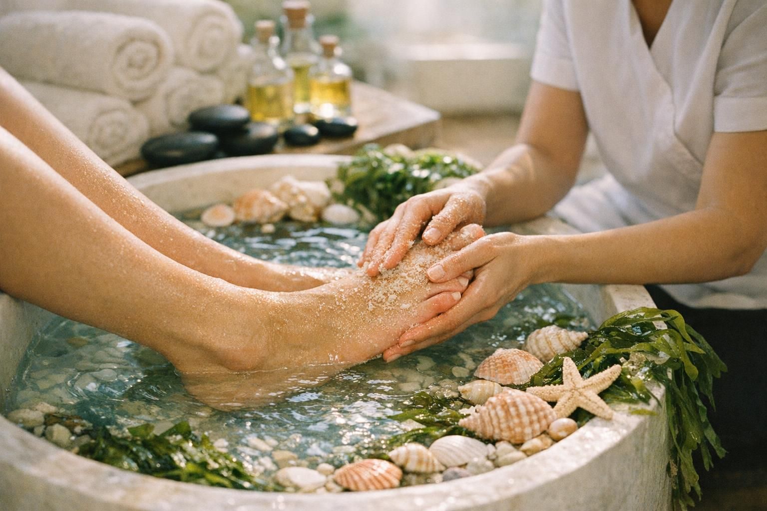 découvrez ce que comprend un soin "thalasso des pieds", une expérience revitalisante mêlant soins marins et techniques relaxantes pour des pieds doux et reposés.